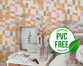 Pink and Orange Modern Tiles wallpaper | Removable Peel and Stick wallpaper or Unpasted wallpaper - PVC-Free | Self-adhesive wallpaper