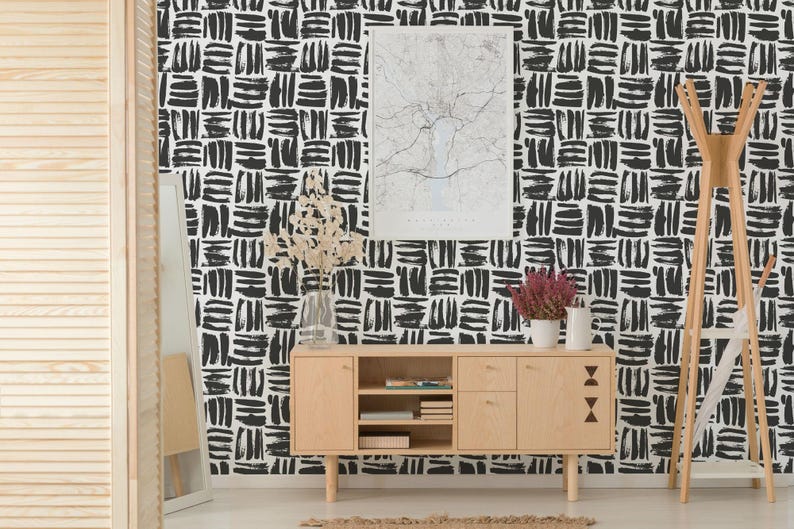 Brushstroke wallpaper | Brush stroke peel and stick wallpaper or Unpasted - PVC-free | Black & White removable wallpaper | Rustic Wall Décor image 3