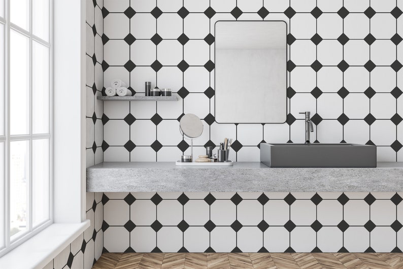 Black and White Tile Wallpaper Removable Peel and Stick Etsy