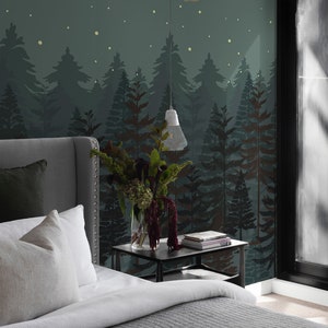 Dunkelblaue Tapete Wald Wandbild | Ablösbare Tapete oder ungeklebte Tapete - PVC-Frei | Bold Night Selbstklebende Tapete
