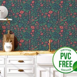 Green whimsical wallpaper | Removable Peel and Stick wallpaper or Unpasted wallpaper - PVC-Free | Meadow Floral Self-adhesive wallpaper