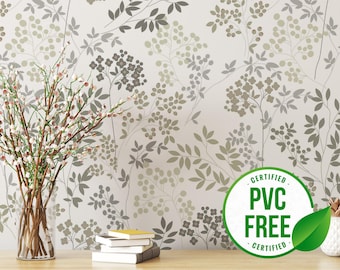 May include: A white wallpaper with a repeating pattern of gray leaves and flowers. The wallpaper is certified PVC free.