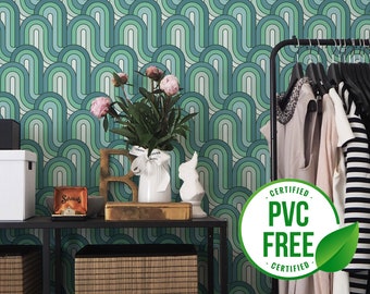 Green retro wallpaper | Removable Peel and Stick wallpaper or Unpasted wallpaper - PVC-Free | Geometric Wave Self-adhesive wallpaper