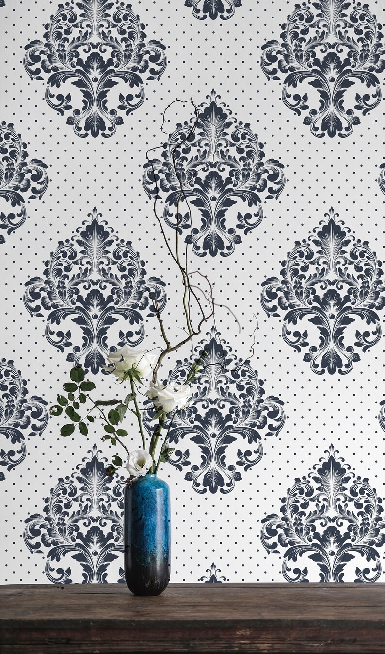 Damask Peel and Stick Wallpaper Blue and White Damask Etsy