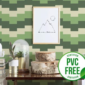 Papier peint géométrique vert | amovible ou papier peint non encollé - sans PVC | Papier peint autocollant à rayures Wave