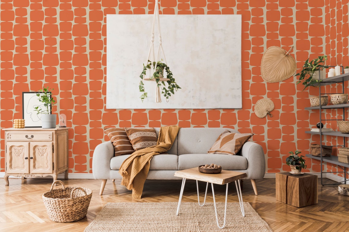 Orange retro shape peel and stick wallpaper Retro Etsy