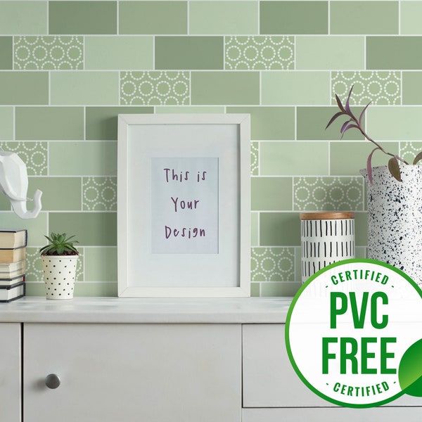 Green and white backsplash wallpaper | Removable Peel and Stick wallpaper or Unpasted wallpaper - PVC-Free