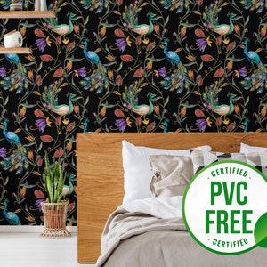 Peacock wallpaper | Dark Removable Peel and Stick wallpaper or Unpasted wallpaper - PVC-Free | Bird Self-adhesive wallpaper