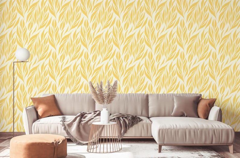Yellow leaves wallpaper | Removable Peel and Stick wallpaper or Unpasted wallpaper - PVC-Free | Boho Scandi Self-adhesive wallpaper image 8