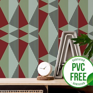 Carta da parati geometrica bordeaux e verde / Carta da parati rimovibile Peel and Stick o Carta da parati non incollata - Senza PVC / Carta da parati autoadesiva per piastrelle