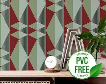 Burgundy and green geometric wallpaper | Removable Peel and Stick wallpaper or Unpasted wallpaper - PVC-Free | Tile Self-adhesive wallpaper