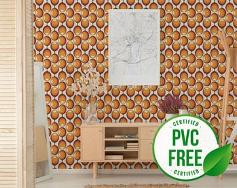 May include: A wallpaper with a repeating pattern of orange and brown circles on a white background. The wallpaper is in a room with a wooden cabinet and a wooden coat rack. The text "CERTIFIED PVC FREE CERTIFIED" is on a green leaf.