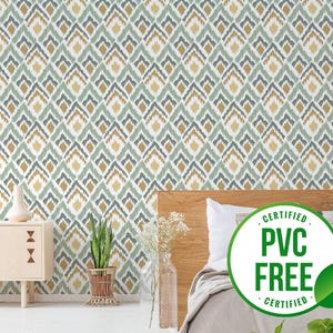 Green ikat wallpaper | Removable Peel and Stick wallpaper or Unpasted wallpaper - PVC-Free | Knit Boho Self-adhesive wallpaper