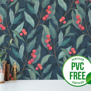 Tapete mit kräftigen blauen Beeren | Ablösbare Tapete oder ungeklebte Tapete - PVC-Frei | Pflanzenblatt Selbstklebende Tapete
