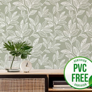 Green leaf wallpaper | Removable Peel and Stick wallpaper or Unpasted wallpaper - PVC-Free | Simple Self-adhesive wallpaper