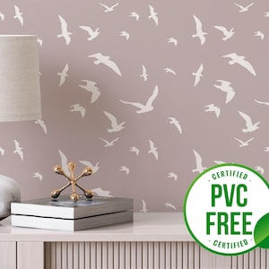 Pink small flying birds wallpaper | Removable Peel and Stick wallpaper or Unpasted wallpaper - PVC-Free | Animal Self-adhesive wallpaper