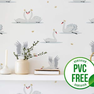 Tapete *+Weißer Schwan See | Ablösbare Tapete oder ungeklebte Tapete - PVC-Frei | Vogel-Kinderzimmer Selbstklebende Tapete
