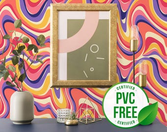 Colorful psychedelic wallpaper | Removable Peel and Stick wallpaper or Unpasted wallpaper - PVC-Free | Bold Striped Self-adhesive wallpaper