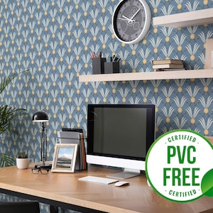 Blaue Art-Deco-Blätter Tapete | Ablösbare Tapete oder ungeklebte Tapete - PVC-Frei | Gewagte selbstklebende Tapete
