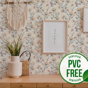 Vintage floral self-adhesive wallpaper | Vintage neutral floral Removable Peel and Stick wallpaper or Unpasted wallpaper - PVC-Free