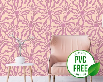 Pink and orange funky wallpaper | Removable Peel and Stick wallpaper or Unpasted wallpaper - PVC-Free | Sun Retro Self-adhesive wallpaper