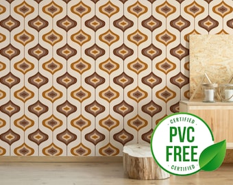 Brown 70s wallpaper | Removable Peel and Stick wallpaper or Unpasted wallpaper - PVC-Free | Retro Mid-Century Self-adhesive wallpaper