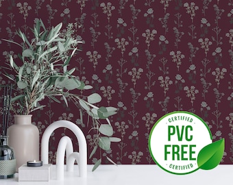 Burgundy vintage wallpaper | Removable Peel and Stick wallpaper or Unpasted wallpaper - PVC-Free | Dark Floral Self-adhesive wallpaper