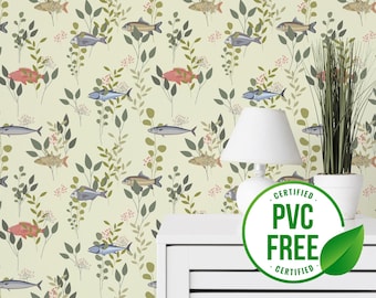 Green grass fish wallpaper | Removable Peel and Stick wallpaper or Unpasted wallpaper - PVC-Free | Colorful Funky Self-adhesive wallpaper