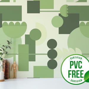 Papier peint vert du milieu du siècle | amovible ou papier peint non encollé - sans PVC | Papier peint auto-adhésif géométrique funky