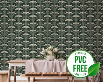 Papel pintado Art Nouveau verde y blanco / Papel pintado autoadhesivo removible o sin adhesivo - Sin PVC / Papel pintado floral autoadhesivo