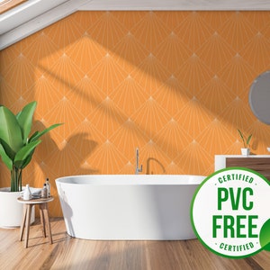 Orange art deco wallpaper | Removable Peel and Stick wallpaper or Unpasted wallpaper - PVC-Free | Bold Sun rays Self-adhesive wallpaper
