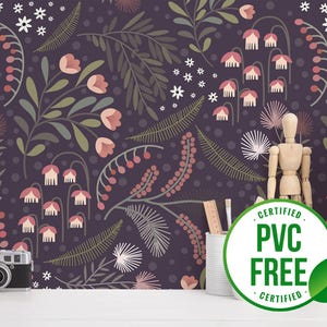 Dunkellila Nacht Garten Tapete | Ablösbare Tapete oder ungeklebte Tapete - PVC-Frei | Floral selbstklebende Tapete