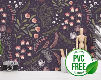 Dark Purple night garden wallpaper | Removable Peel and Stick wallpaper or Unpasted wallpaper - PVC-Free | Floral Self-adhesive wallpaper
