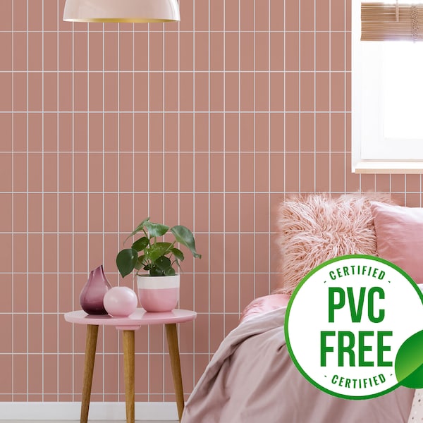 Pink tile imitation wallpaper | Removable Peel and Stick wallpaper or Unpasted wallpaper - PVC-Free | Geometric Self-adhesive wallpaper