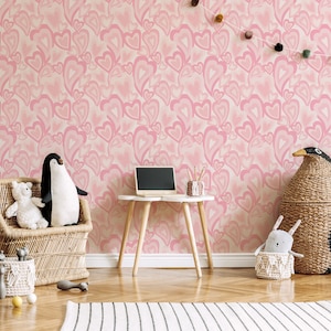Pink Heart Wallpaper Removable Peel and Stick Wallpaper or Unpasted