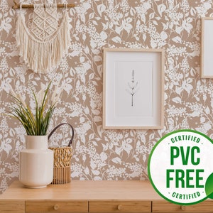 Beige floral self-adhesive wallpaper | Retro removable peel and stick wallpaper - PVC-Free material & Eco-friendly Inks