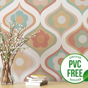 Pastell ästhetische Retro Tapete | Ablösbare Tapete oder ungeklebte Tapete - PVC-Frei | Florale 70er Jahre Selbstklebende Tapete