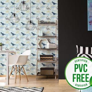 Blue dinosaur wallpaper | Removable Peel and Stick wallpaper or Unpasted wallpaper - PVC-Free | Boho Boys Self-adhesive wallpaper