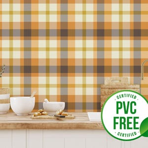 Gelbe herbstliche Schottenkaro Tapete | Ablösbare Tapete oder ungeklebte Tapete - PVC-Frei | Geometrische Selbstklebende Tapete