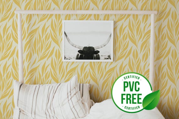 Yellow leaves wallpaper | Removable Peel and Stick wallpaper or Unpasted wallpaper - PVC-Free | Boho Scandi Self-adhesive wallpaper