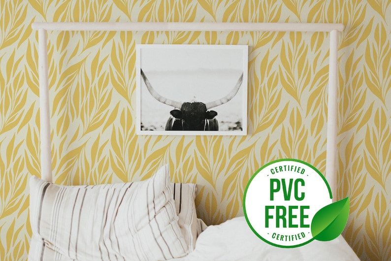 Yellow leaves wallpaper | Removable Peel and Stick wallpaper or Unpasted wallpaper - PVC-Free | Boho Scandi Self-adhesive wallpaper image 1