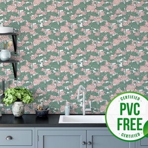 Pink and green lotus wallpaper | Removable Peel and Stick wallpaper or Unpasted wallpaper - PVC-Free | Floral Self-adhesive wallpaper