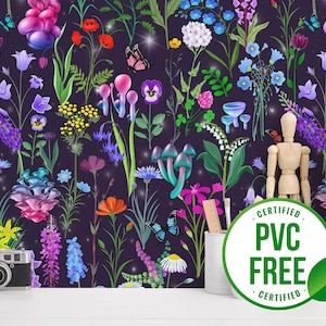 Lila Zauberpilz Tapete | Ablösbare Tapete oder ungeklebte Tapete - PVC-Frei | Bold Floral Selbstklebende Tapete