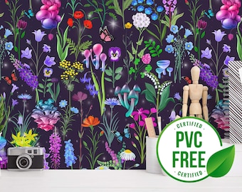 Purple magic mushroom wallpaper | Removable Peel and Stick wallpaper or Unpasted wallpaper - PVC-Free | Bold Floral Self-adhesive wallpaper