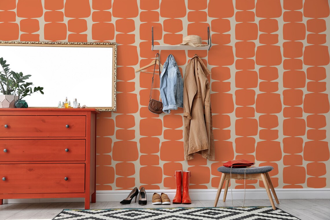 Orange retro shape peel and stick wallpaper Retro Etsy