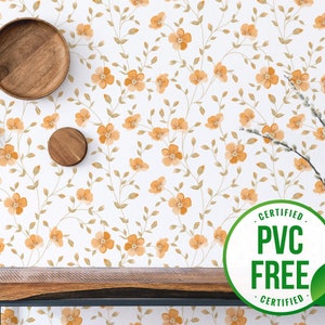 Orange and white floral wallpaper | Removable Peel and Stick wallpaper or Unpasted wallpaper - PVC-Free