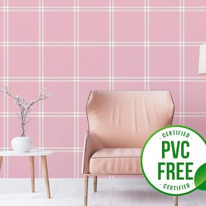 Rosa Schottenkaro Tapete | Ablösbare Tapete oder ungeklebte Tapete - PVC-Frei | Geometrische gestreifte selbstklebende Tapete