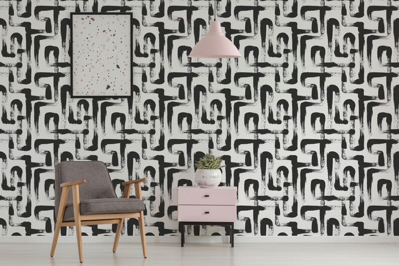 Black and White Selfadhesive Wallpaper Brush Stroke Peel Etsy