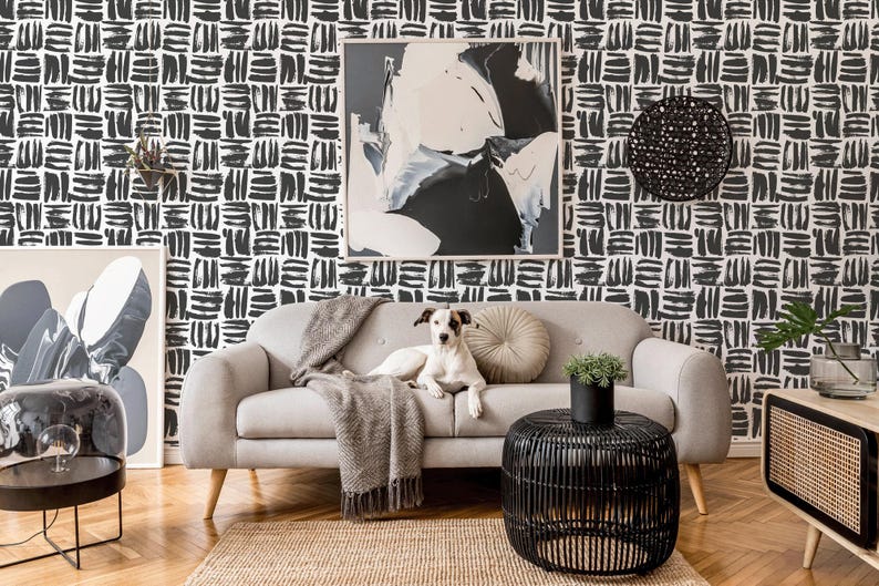Brushstroke wallpaper | Brush stroke peel and stick wallpaper or Unpasted - PVC-free | Black & White removable wallpaper | Rustic Wall Décor image 7