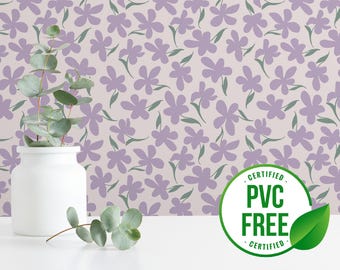 Purple funky flower wallpaper | Removable Peel and Stick wallpaper or Unpasted wallpaper - PVC-Free | Nursery Girly Self-adhesive wallpaper